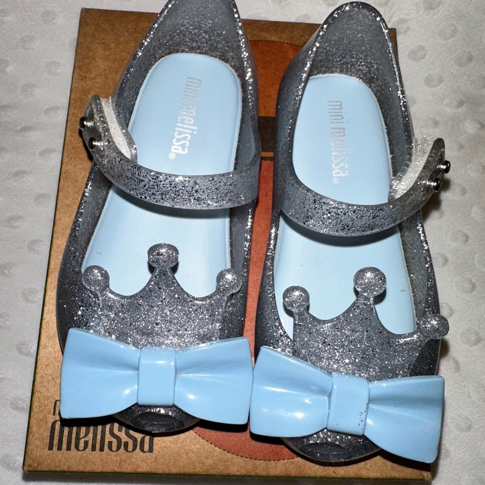 Mini Melissa Silver Dress Shoes with Blue Bow